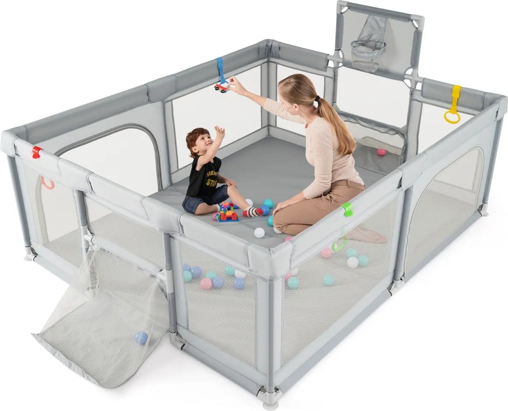 Parque infantil grande para bebés de 188 x 157 cm com aro de basquetebol, baliza, área de jogos com fecho e rede respirável cinzenta