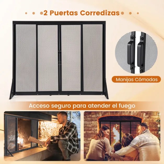 Proteção Frontal para lareira 89 x 72 cm  com portas deslizantes e corta-fogo independente com tela metálica fácil de montar Preto