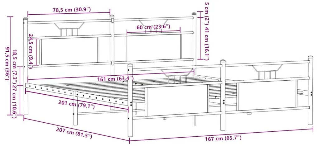 Estrutura cama sem colchão 160x200 cm metal carvalho castanho