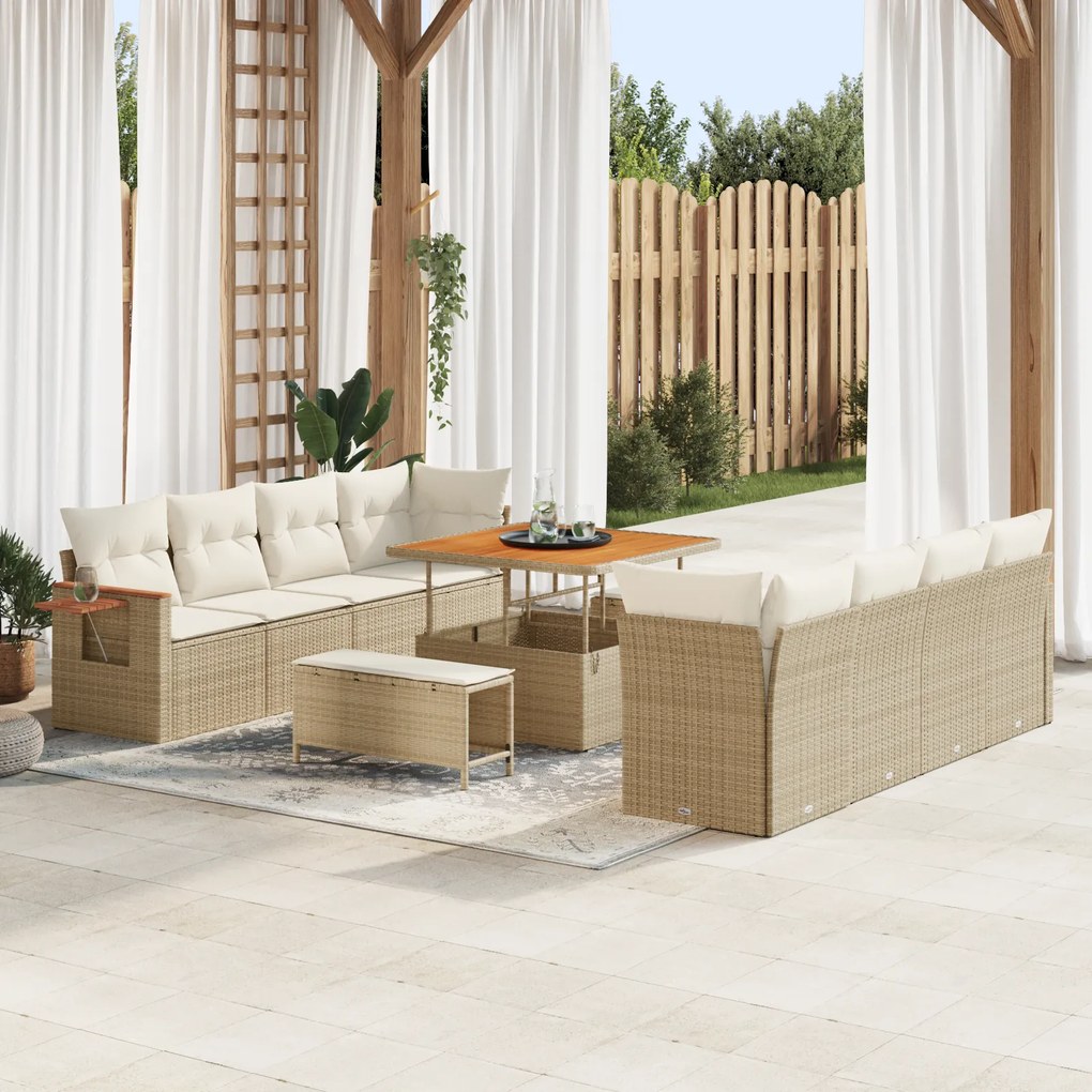 Conjunto de Sofá de Jardim de 11 Peças com Almofadas Bege Poli Rattan Acácia