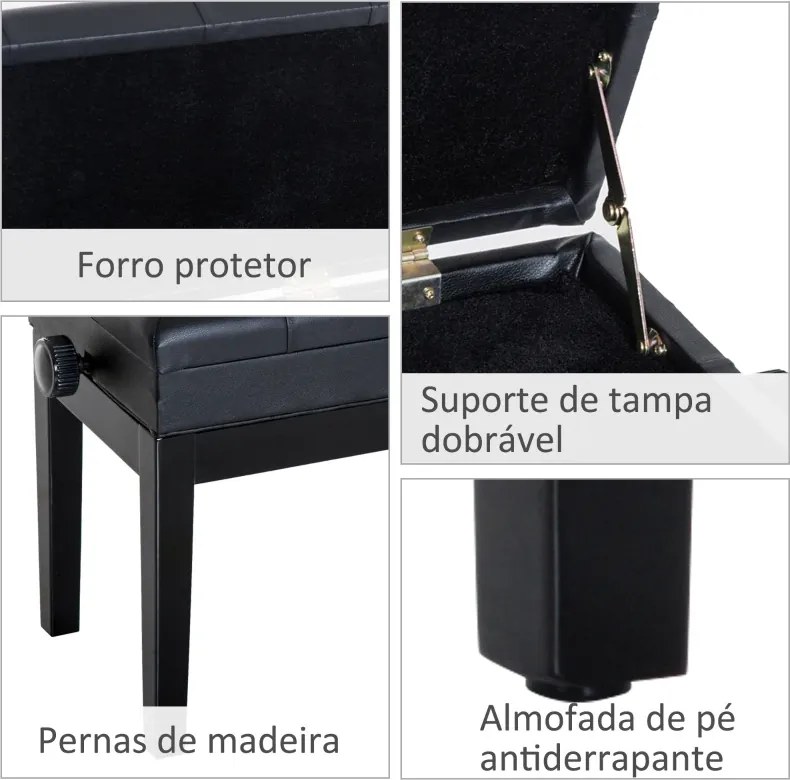 Banco de Piano com Espaço de Armazenamento Altura Ajustável com Assento Acolchoado Carga 200 kg 54,5x33x48-58 cm Preto