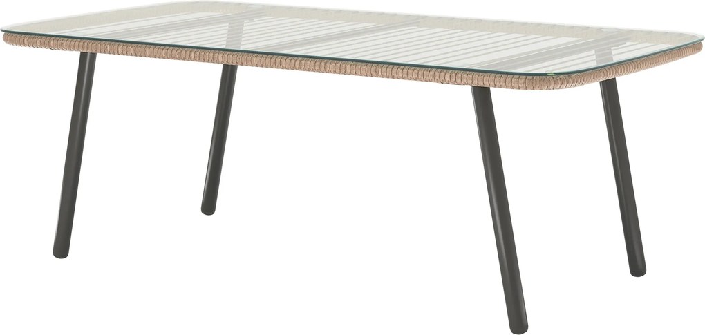 Mesa de centro de jardim110 x 60 x 40 cm com tampo em vidro temperado de 5 mm, mesa auxiliar para exterior, estrutura em aço, efeito de madeira natura