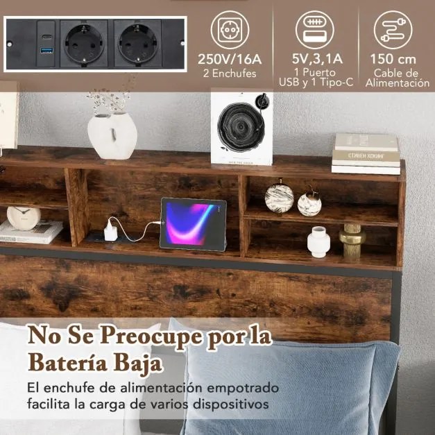 Cama de casal com estação de carregamento, estrutura de cama metálica com cabeceira e espaço de arrumação 200 x 140 cm (colchão não incluído)