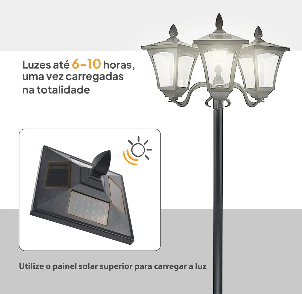 Candeeiro Solar de Jardim com 3 Luzes LED Impermeável IP44 Sensor de Noite Candeeiro de Exterior 51,5x47x182,5cm Preto
