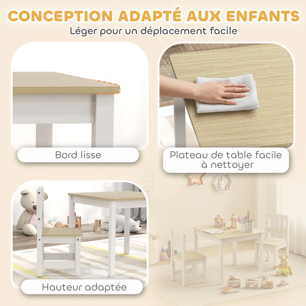 Mesa infantil com cadeira, conjunto composto por uma mesa e duas cadeiras infantis em madeira para desenhar, brincar e estudar, 56 x 52 x 48 cm, natur