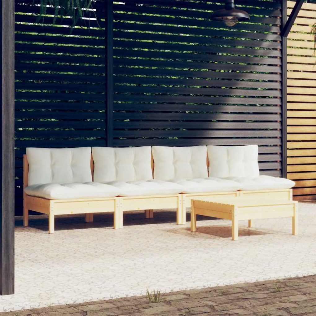 vidaXL 5 pcs conjunto lounge jardim c/ almofadões cor creme pinho