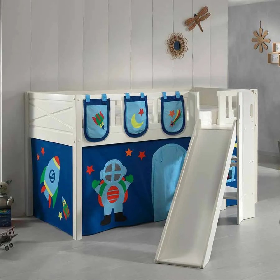 Conjunto cama Infantil SCOTT + escorrega + cortina de brincar ASTRO + 3 bolsos de arrumação Branca