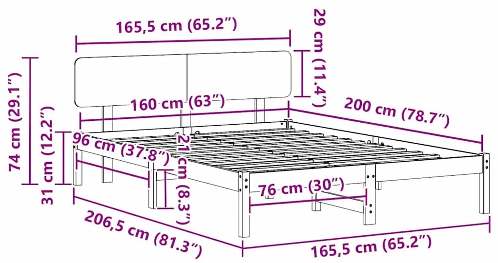 Estrado de Cama com Cabeceira 160x200 cm em Madeira de Pinho Sólido