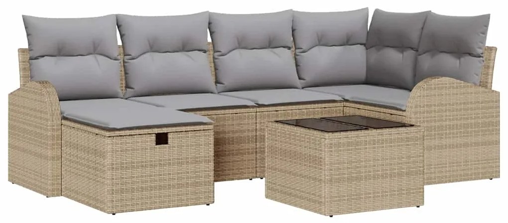 Conjunto de Sofá de Jardim de 7 Peças com Almofadas Bege Rattan