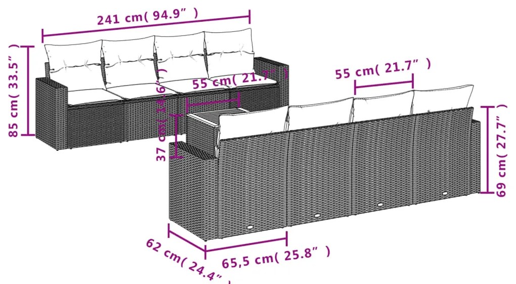 9 pcs conjunto sofás p/ jardim c/ almofadões vime PE cinzento