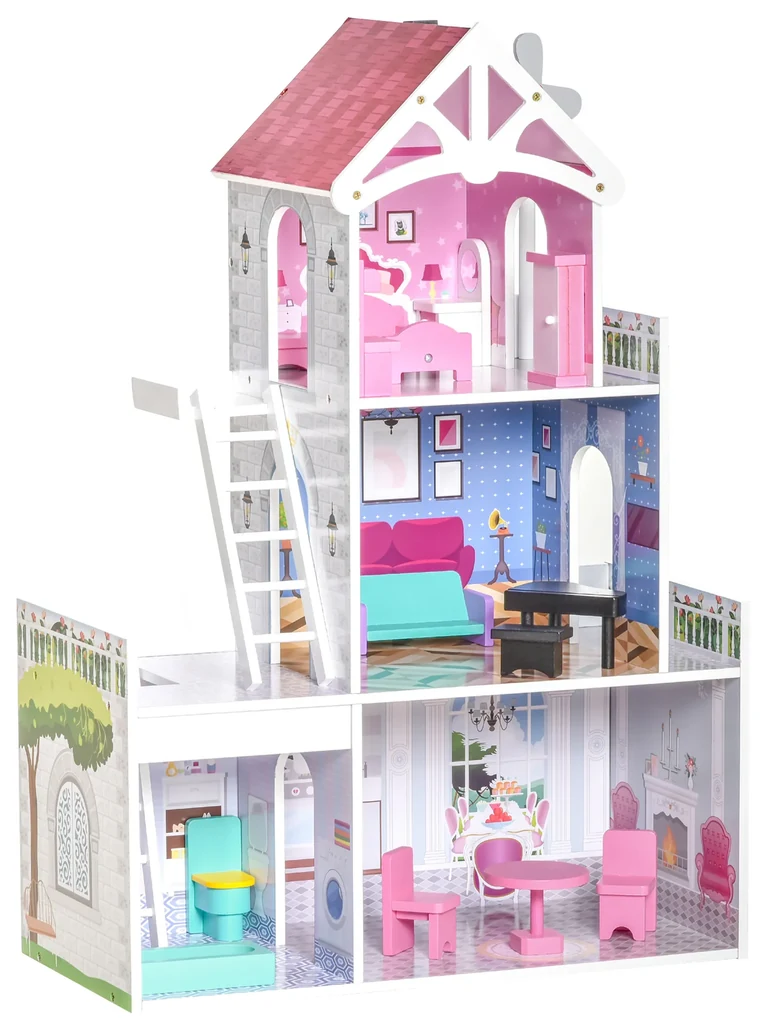 Casa de bonecas de madeira XXL - Com iluminação LED - 3 níveis de jogo -  Incl. Mobiliário/Acessórios para bonecas de 13 cm 