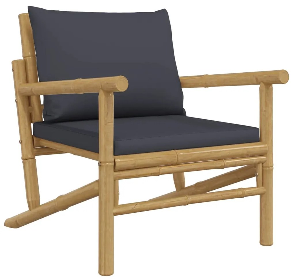 3pcs conj. lounge de jardim bambu c/ almofadões cinzento-escuro