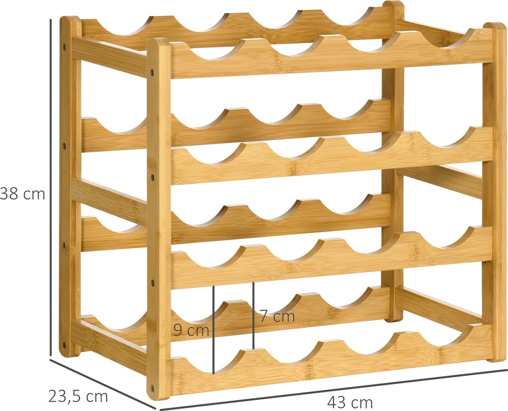Garrafeira em bambu com 4 níveis, capacidade para 16 garrafas, 43 x 23,5 x 38 cm, madeira natural