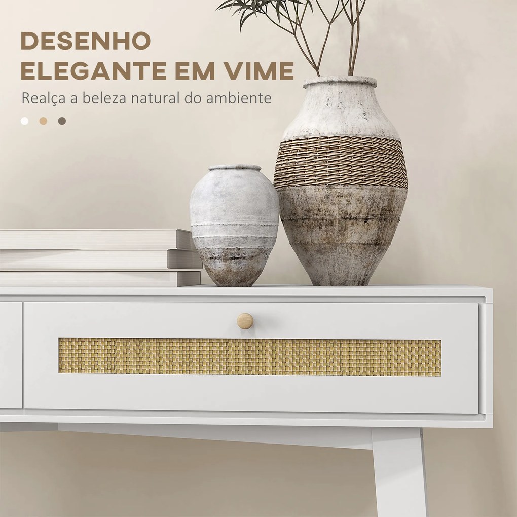 Mesa Consola para Entrada Mesa de Entrada com 2 Gavetas de Desenho de Vime para Sala Corredor 100x30x81 cm Branco