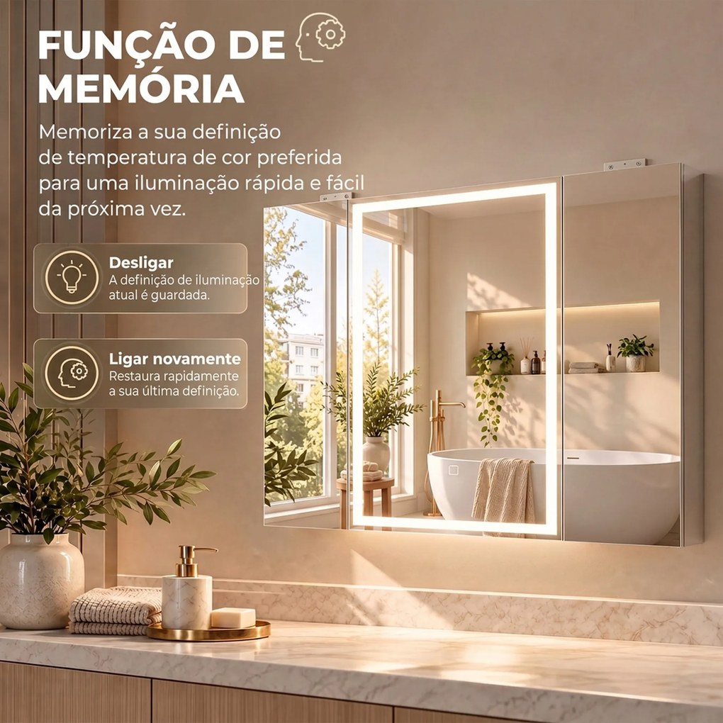 Armário de Casa de Banho com Espelho LED, Tomada Integrada, 3 Portas, Antiembaciamento e Prateleiras Ajustáveis em Vidro Temperado, Branco