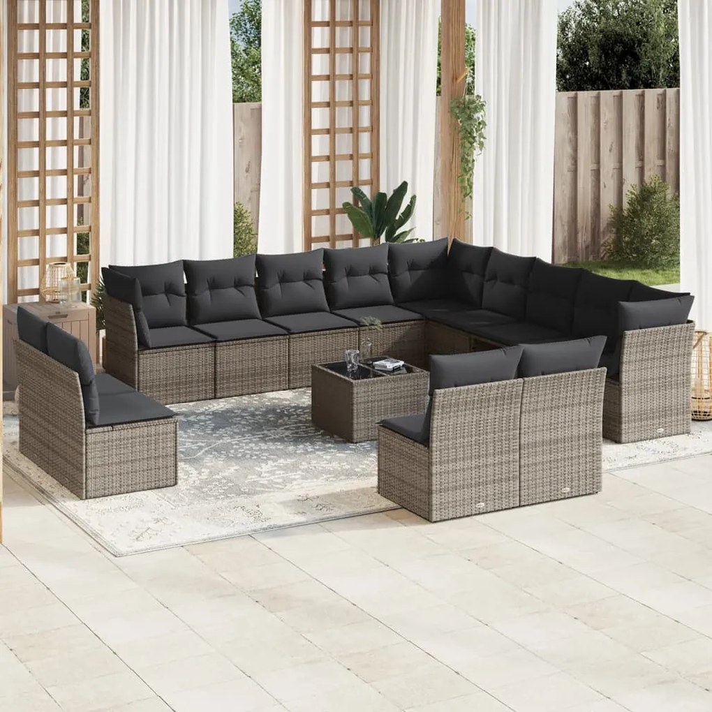14 pcs conjunto sofás p/ jardim c/ almofadões vime PE cinzento