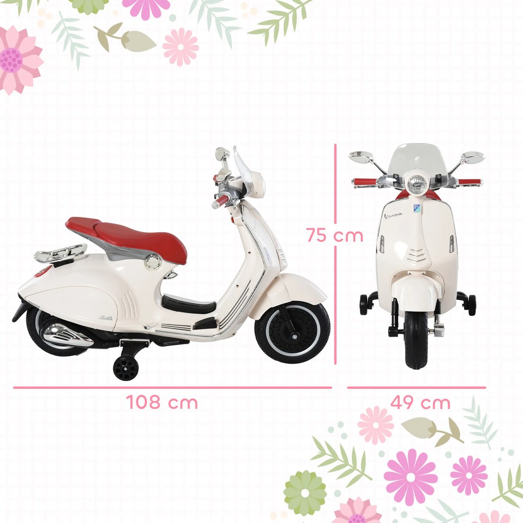 Scooter Vespa elétrica para crianças, 6 V, 108 L x 49 l x 75 H cm, música, buzina, 2 rodas auxiliares, 3-6 anos, Branca