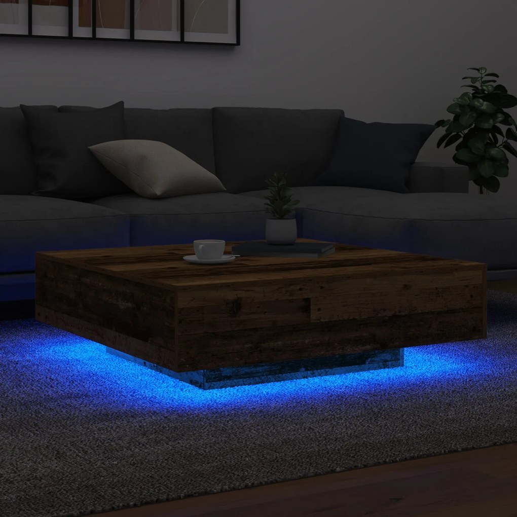 Mesa de Centro vidaXL com Luzes LED Madeira Antiga 100x100x31 cm