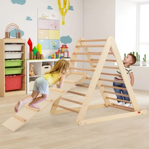 Escada triangular dobrável de madeira para crianças dos 6 meses aos 6 anos para a casa e o quarto das crianças 122 x 71 x 110 cm Natural