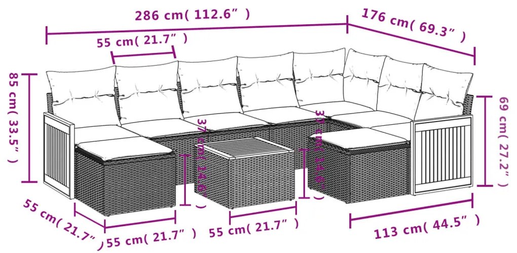 10 pcs conjunto sofás de jardim c/ almofadões vime PE cinzento