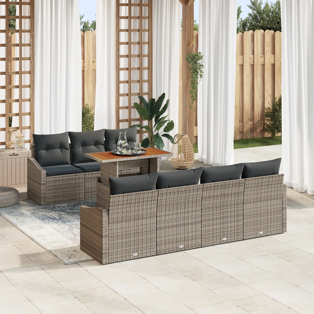 Conjunto de Sofá de Jardim de 8 Peças com Almofadas Cinza Rattan Poly