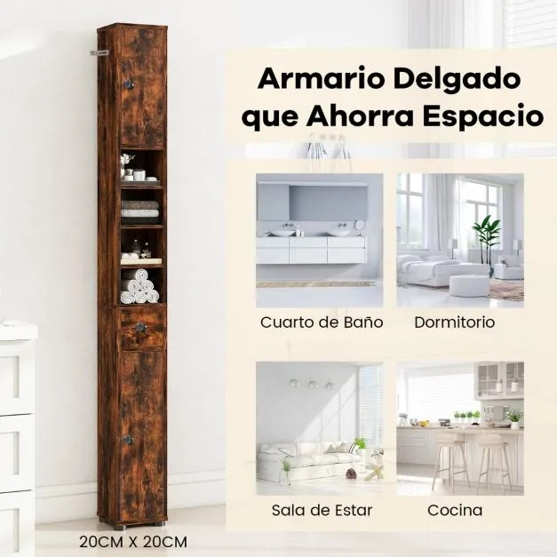 Armário alto estreito para casa de banho 20 x 20 x 180 cm de arrumação para casa de banho com 1 gaveta e 5 prateleiras ajustáveis Café