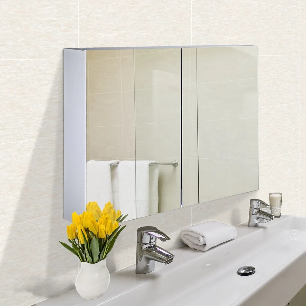 Armário de banheiro com espelho de parede Gabinete 2 portas com 3 prateleiras internas Estilo moderno para quarto Sala 80x15x60 cm Branco