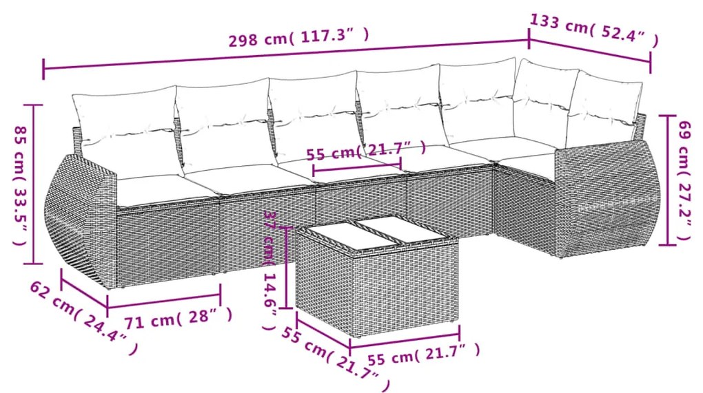 7 pcs conjunto de sofás jardim c/ almofadões vime PE castanho