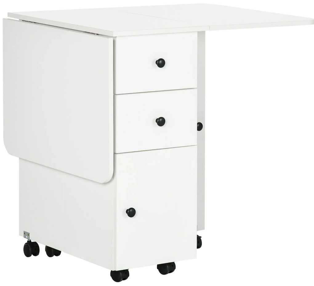 HOMCOM Mesa Dobrável c/ 2 Gavetas Armário e Rodas para Jantar Branco Multifuncional Auxiliar 120x60x76,5cm | Aosom Portugal