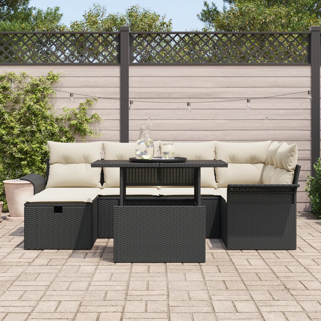 Conjunto de Sofás para Jardim de 7 Peças com Almofadas Preto Vime Poli