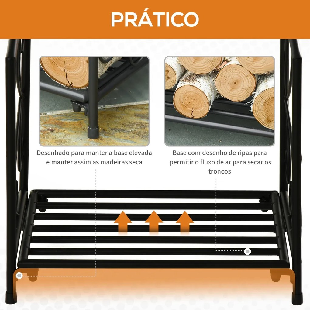 Outsunny Suporte para Lenha Metálico Porta Lenha Exterior e Interior com Grade e Base Elevada Carga Máxima 50kg 39,5x31,5x39,5cm Preto