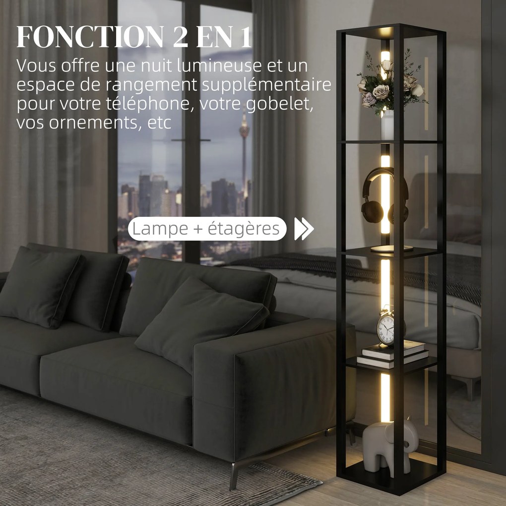 Candeeiro de pé com prateleiras de 4 níveis, LED regulável 29 x 29 x 163 cm,  interruptor de pé para sala, quarto ou escritório, preto