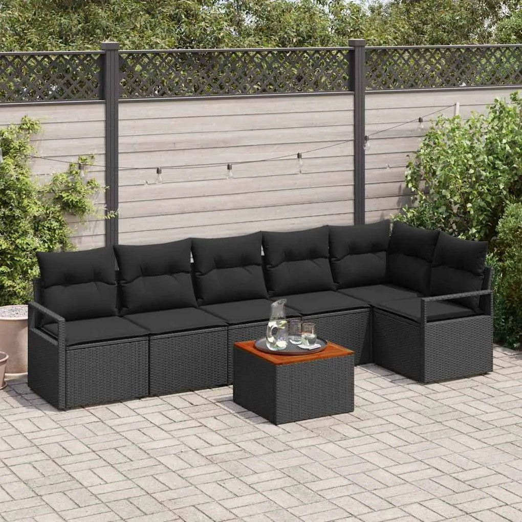vidaXL Conjunto de Sofá de Jardim com almofada 7 pcs Preto vime PE