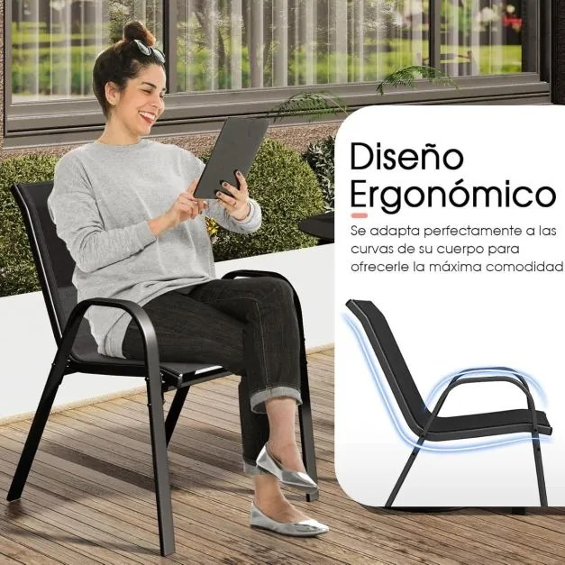 Conjunto de 4 cadeiras de jardim empilháveis (MESA NÃO INCLUIDA) com apoios de braços, encostos em metal e tecido, 56 x 70 x 84 cm Preto
