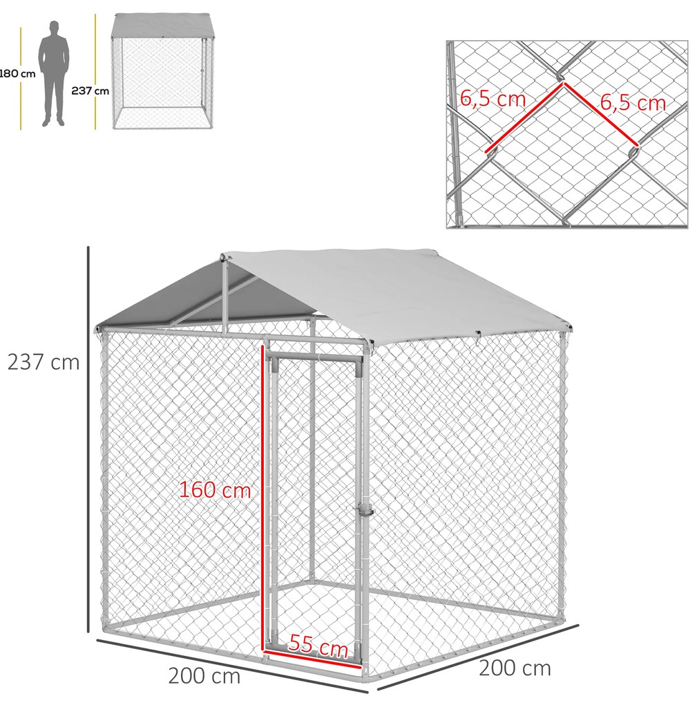 Canil de Exterior para Cães Médios Gaiola para Cães com Fechadura Toldo Impermeável e Anti-UV 200x200x237 cm Prata