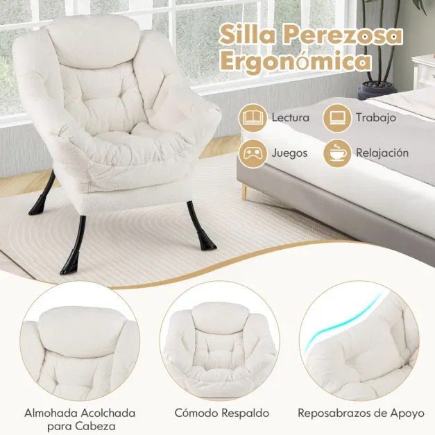 Poltrona grande estofada com almofada de cabeça acolchoada Apoios de braços e bolsa Poltrona Sofá para sala de estar Quarto Bege