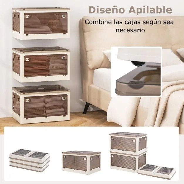 Conjunto de 3 Caixas de arrumação empilháveis 132 L com tampa de plástico dobrável para quarto, sala, cozinha Branco