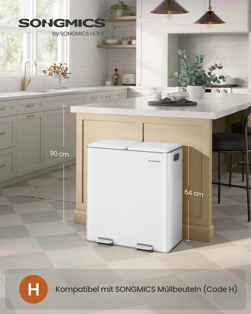 Caixote do lixo 58,5 x 37 x 64 cm com dois compartimentos de 30 litros, pedal com fecho suave e baldes interiores Branco
