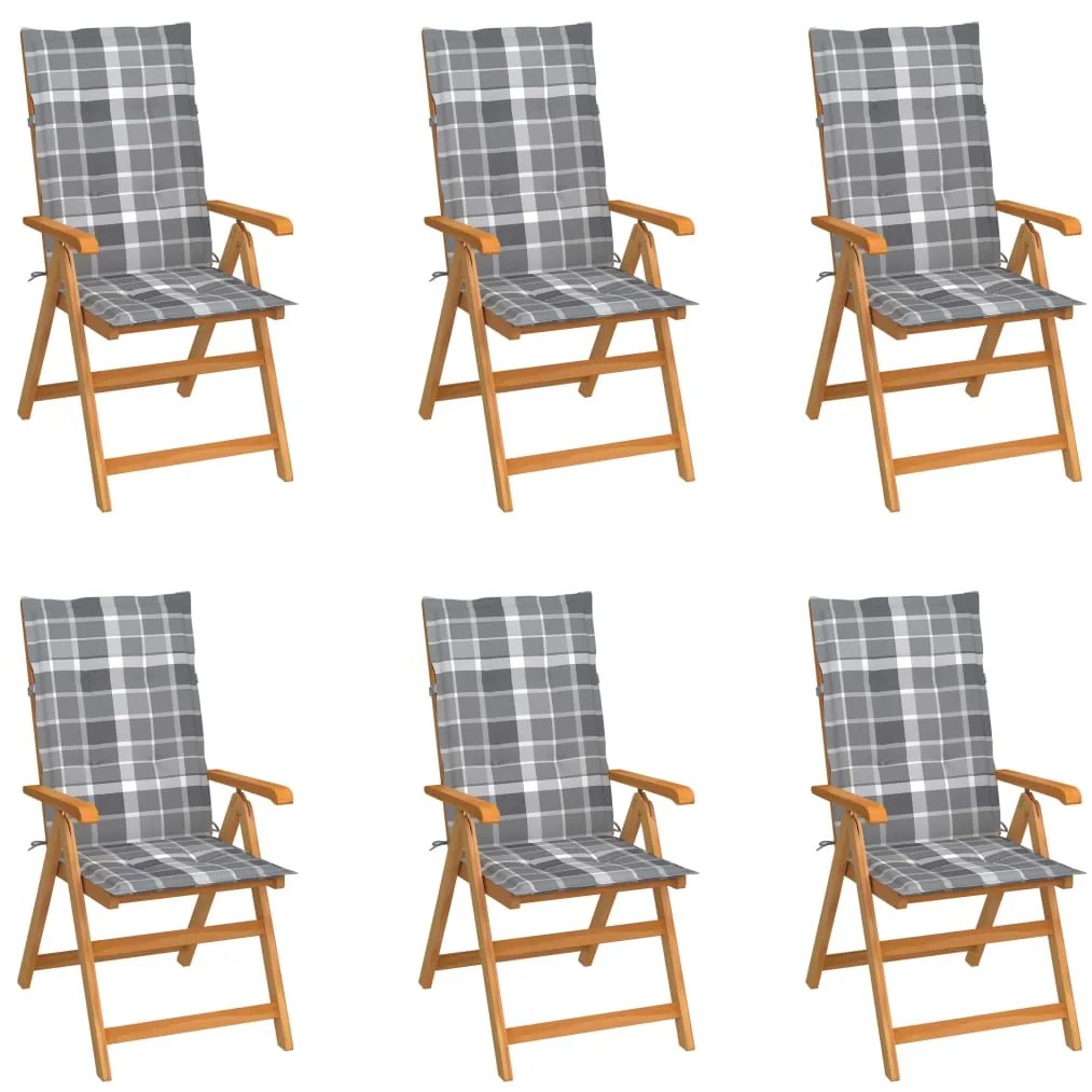 vidaXL Cadeiras jardim c/ almofadões xadrez cinzento 6 pcs teca maciça