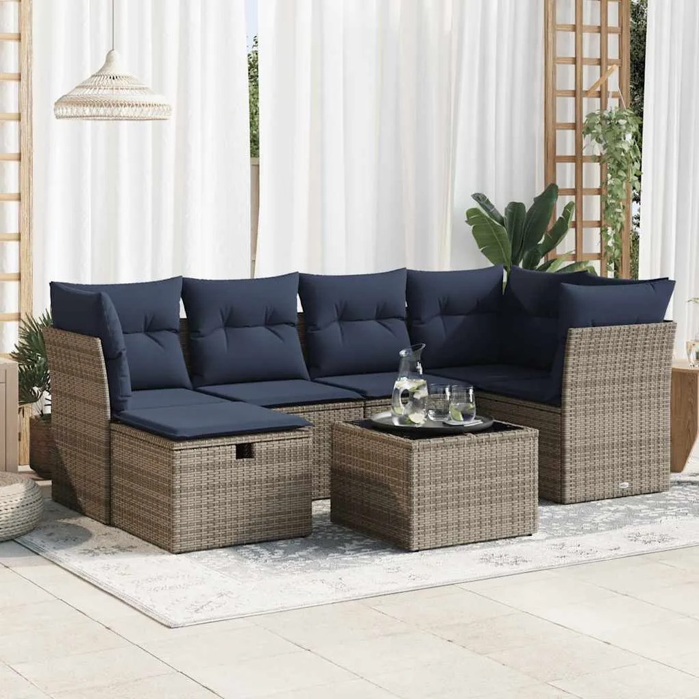 7 pcs conjunto sofás p/ jardim c/ almofadões vime PE cinzento