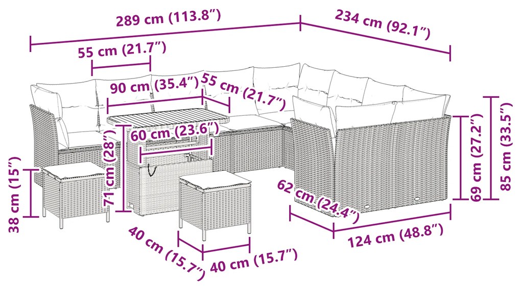 Conjunto de Sofás de Jardim vidaXL de 12 Peças com Almofadas Beje Ratt