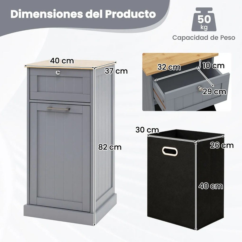Armário para roupa suja com cesto para roupa suja e gaveta Lavandaria para casa de banho 40 x 37 x 82 cm Cinzento