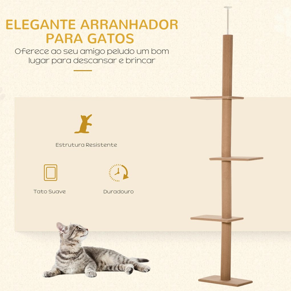 Arranhador para Gatos de Chão ao Teto com Altura Ajustável 4 Plataformas e Poste de Sisal 43x27x228-260 cm Castanho Claro