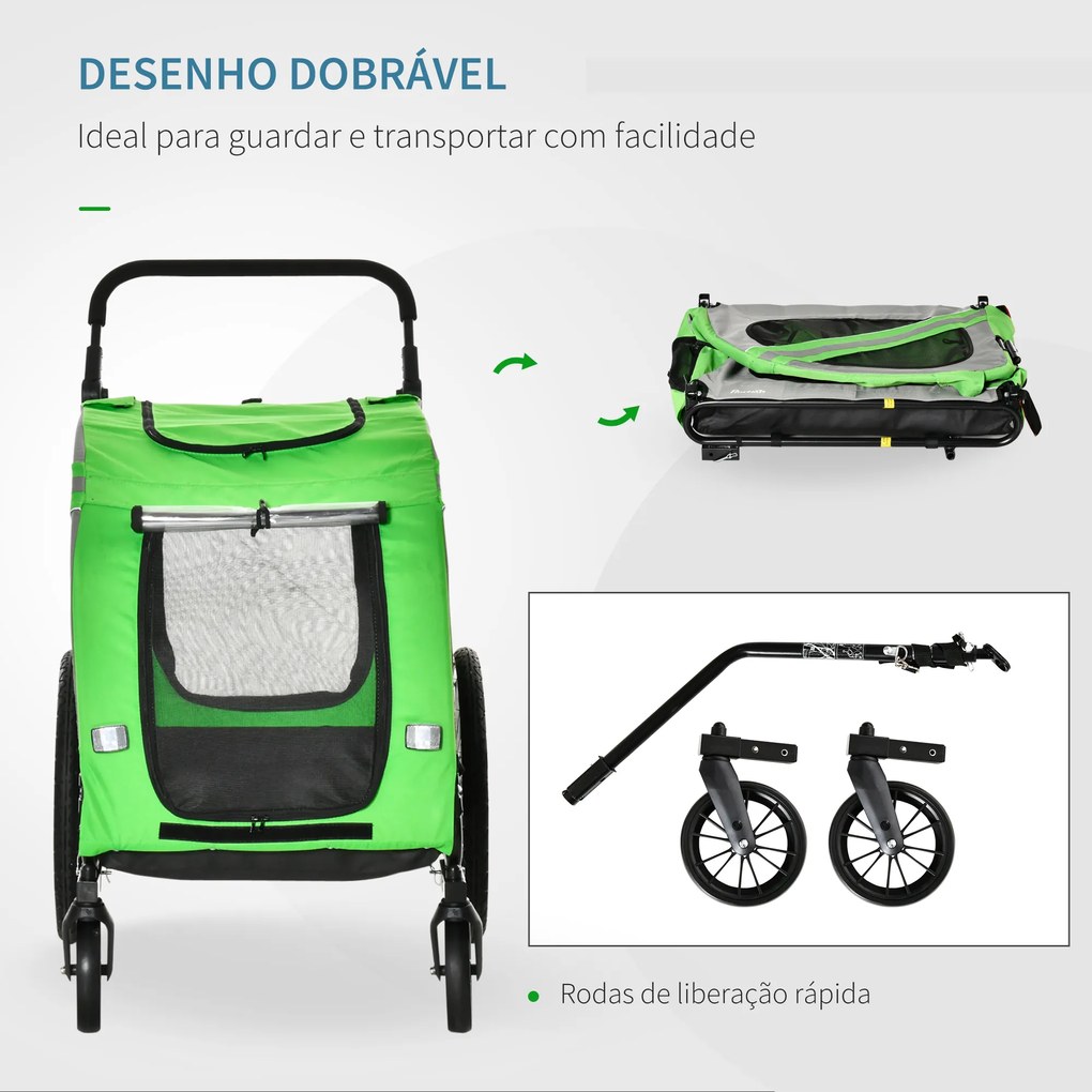 Reboque Bicicleta Cães 2 em 1 Transporte Animais Estimação Porta Enrolável 140x72,5x107,5cm Verde