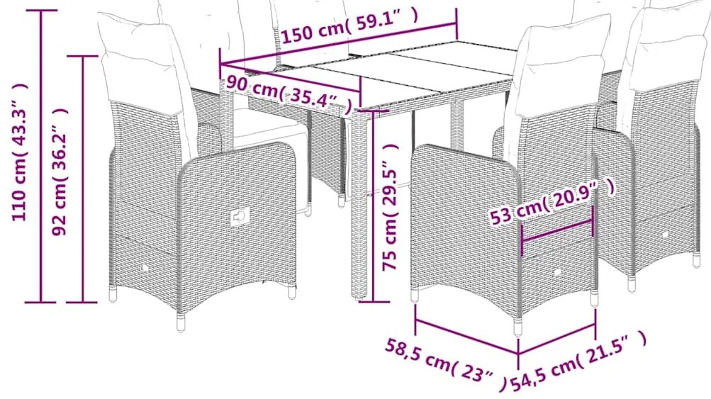 7 pcs conjunto bistrô de jardim c/ almofadões vime PE cinza