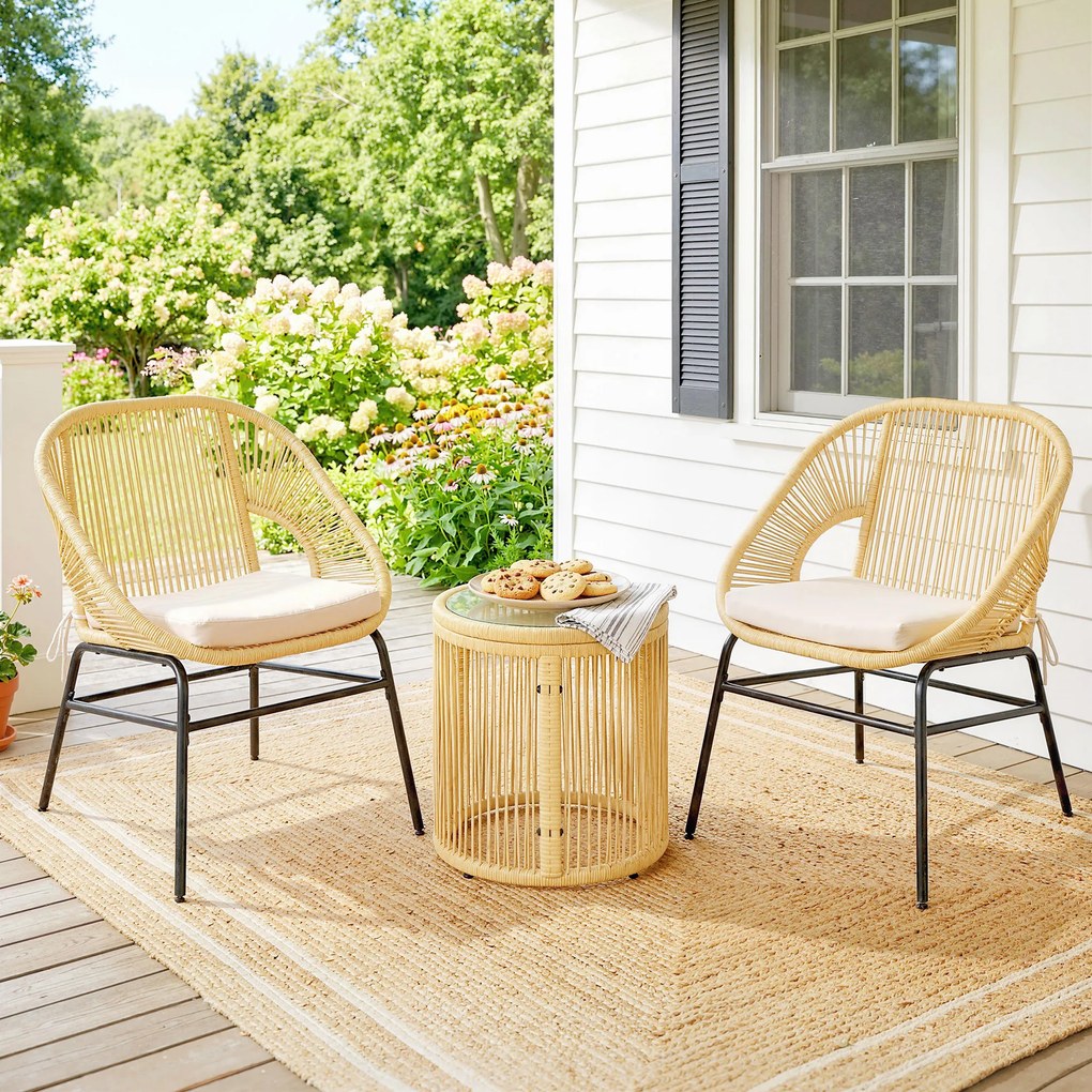 Conjunto de jardim, 3 peças: 2 poltronas confortáveis e mesa em vidro temperado, com almofadas com capas removíveis em bege