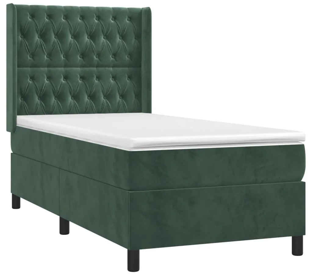 Cama box spring c/ colchão/LED 90x200 cm veludo verde-escuro