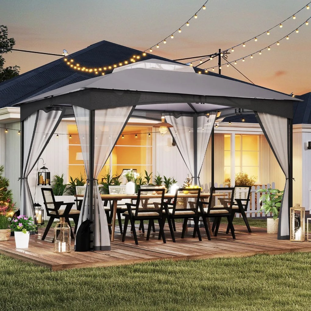 Pérgula para jardim 365x300 cm com paredes de malha com pesos areia Estrutura metálica resistente Portas com fecho Cinzenta