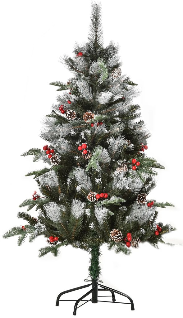 HOMCOM Árvore de Natal Artificial 120cm com 239 Ramas 27 Pinhas e 27 Frutinhas Folhas de PVC PE Base Dobrável e Suporte Metálico Decoração de Natal para Interiores Verde
