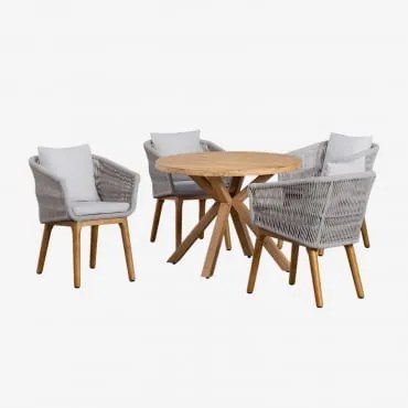 Conjunto De Mesa Redonda De Madeira (ø100 Cm) Naele E 4 Cadeiras De Jantar Barker Cinzento Glaciar - Sklum